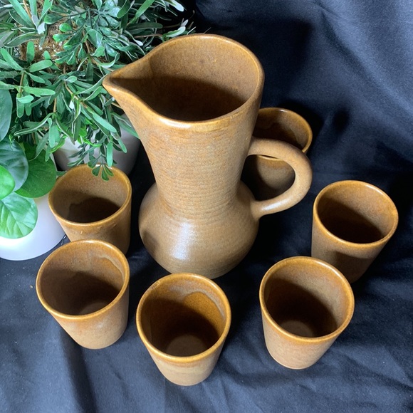digoin grespot Other - Vintage Digoin Grespot French sandstone pottery earthenware pitcher with cups